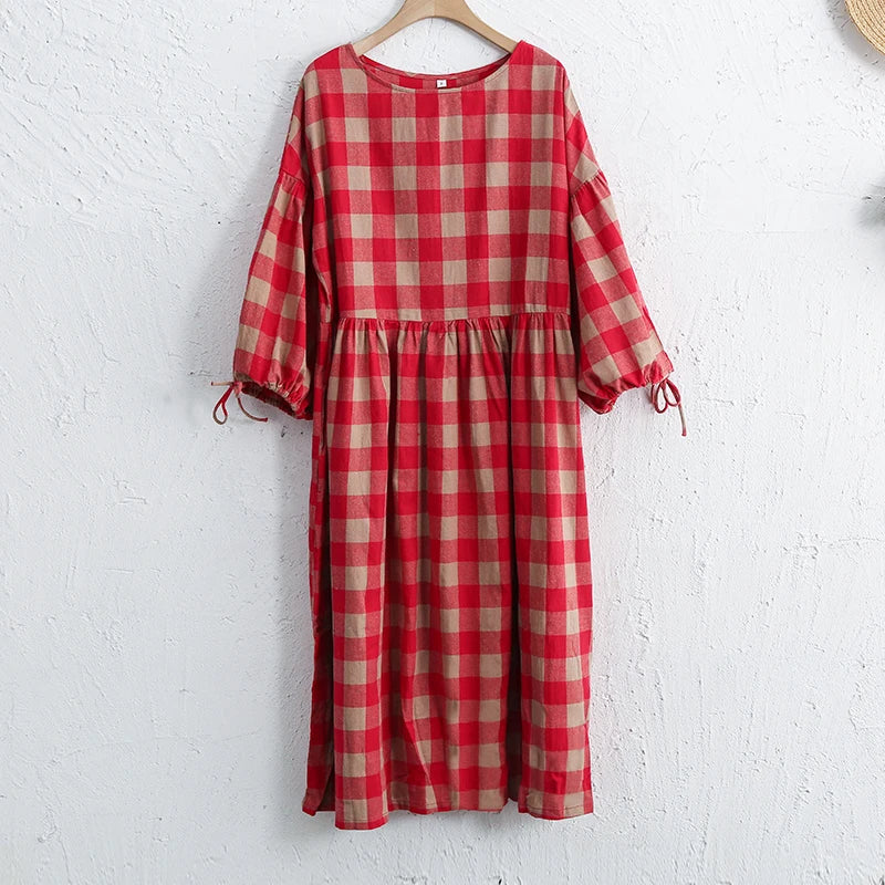 vmtvr  -  Elegant Dresses For Women 100% Cotton Plaid Casual Summer Loose Puff Sleeve Birthday Party Dress For Female Long Maxi Dress