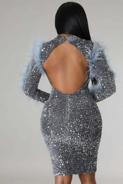 Luxury Evening Dresses for Women Elegant Long Sleeve Backless Sequins Feathers Bodycon Package Hip Night Club Party Dress