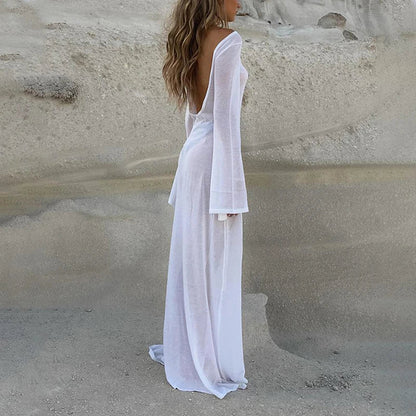 vmtvr Elegant White Knit Long Sleeve Beach Dress Holiday Sexy Open Back Club See Through Summer Party Maxi Dresses Robe