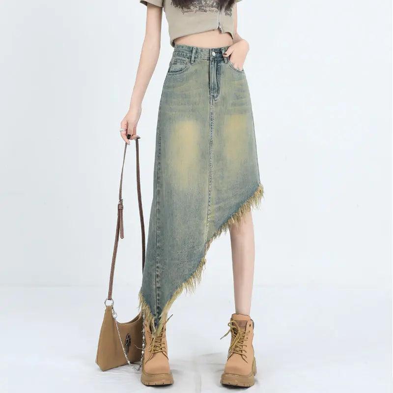 vmtvr Tassel Raw Edge Women Midi Denim Skirt Spring Summer Korean Streetwear Fashion Irregular Distressed Straight A-line Skirt Shorts