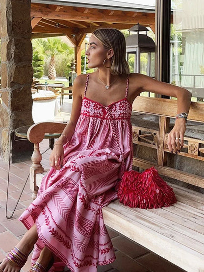 vmtvr   -  Crochet Bohemian Summer Dress for Women Spaghetti Strap Red Vintage Tassel Beach Dress Maxi Long Casual Sundress Autumn