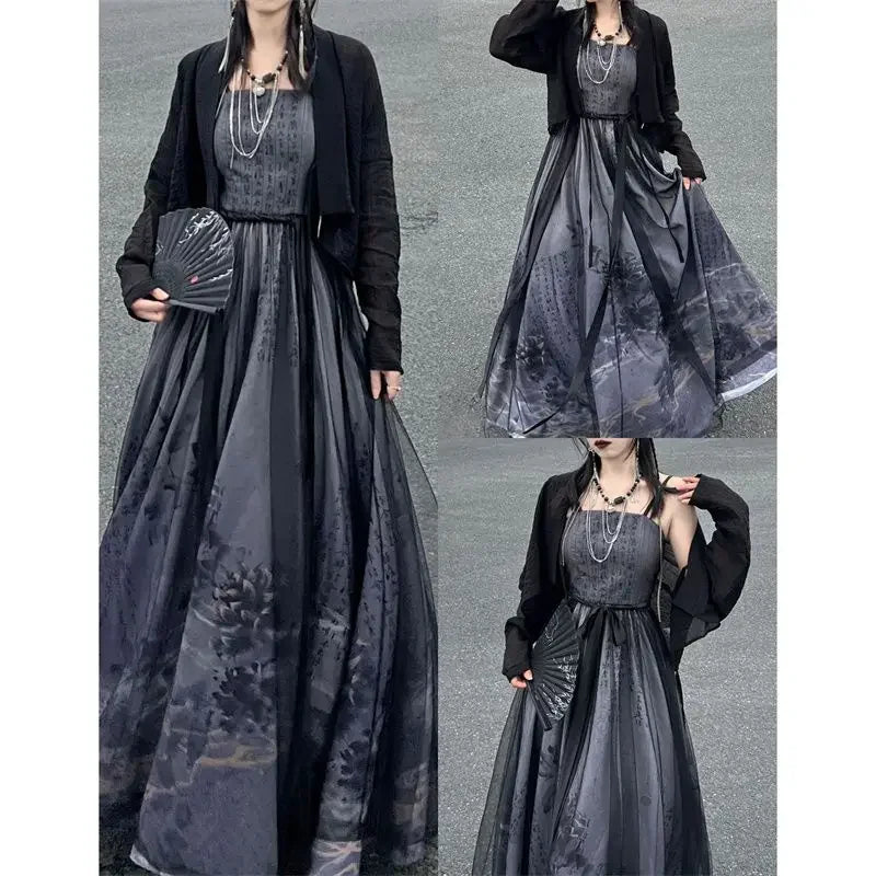 Summer Improved Chinese Traditional Black Printed Hanfu Dress Two Piece Set Women Gothic Modern Halloween Cosplay Costume