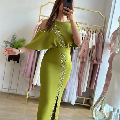 vmtvr  - Mermaid Green O-neck beaded off-shoulder cocktail party for PROM half sleeve ladies custom evening dress вечернее платье