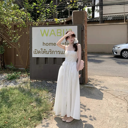 vmtvr  -  Elegant Beach Party White Midi Dresses for Women Summer New Korean Fashion Casual Sleeveless Slim Flower Female Clothing