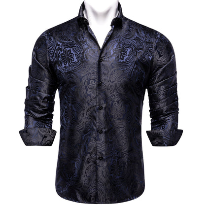 Men's Long Sleeve Black Paisley Silk Dress Shirts Casual Tuxedo Social Shirt Luxury Designer Men Clothing