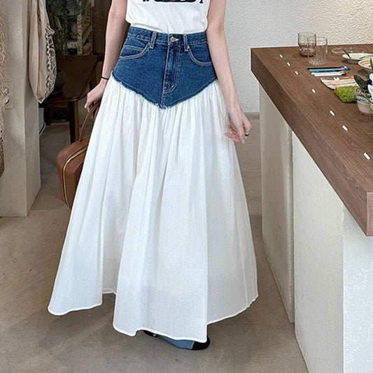vmtvr Vintage High Waist Ladies Pockets White Long Patchwork A-line Jeans Skirts 2024 Summer Autumn Women Denim Midi Skirts