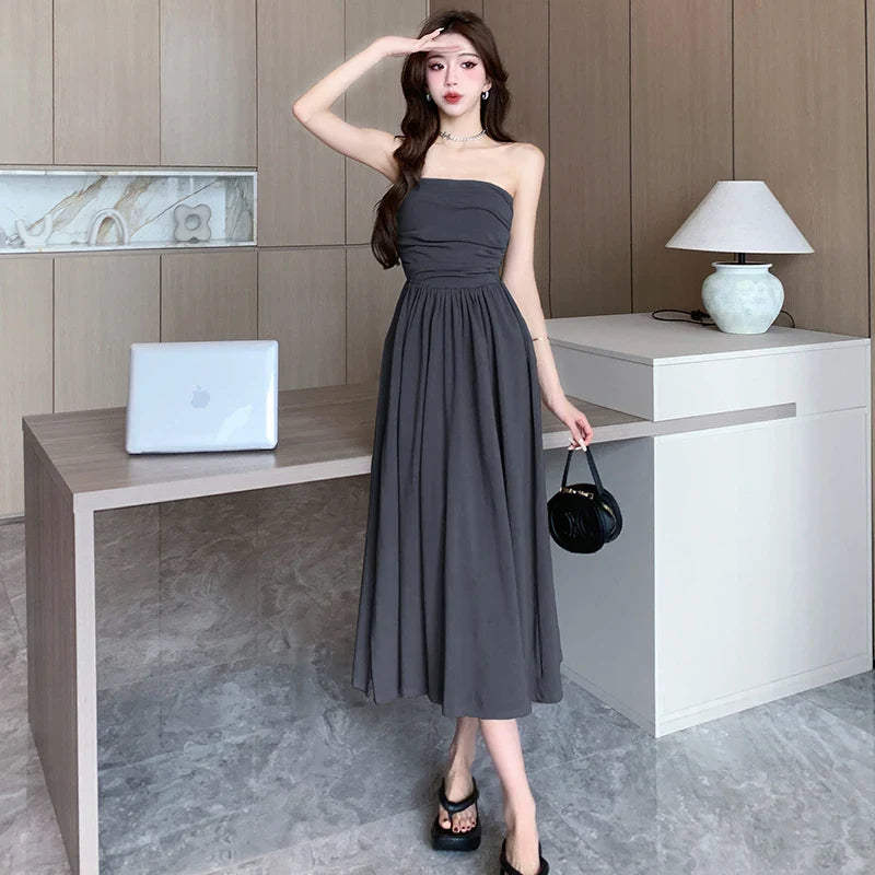 vmtvr  -  Midi Dresses for Women Summer New Modal Casual Female Clothes Sexy Sleeveless Sundress Pleated Korean Fashion Black Dress