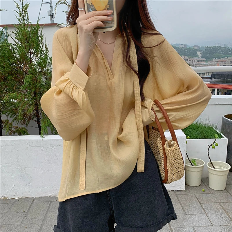 -Fall Outfits Long Sleeve Top Korean Fashion Micro Through Chiffon Shirts Women Spring Summer New Loose Ribbon Stand Collar Long Sleeve Blouses Tops Mujer