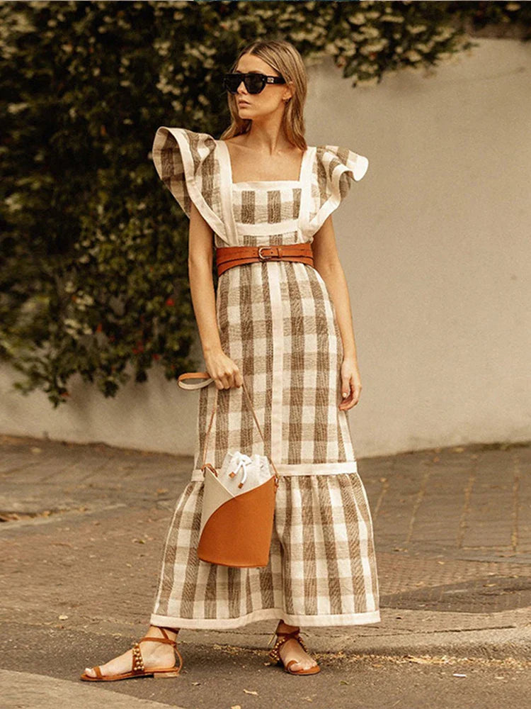 vmtvr  -  Elegant Plaid Fly Sleeve Long Dress For Women Fashion Square Collar Sleeveless Patchwork Dresses Spring Lady Street Vestido