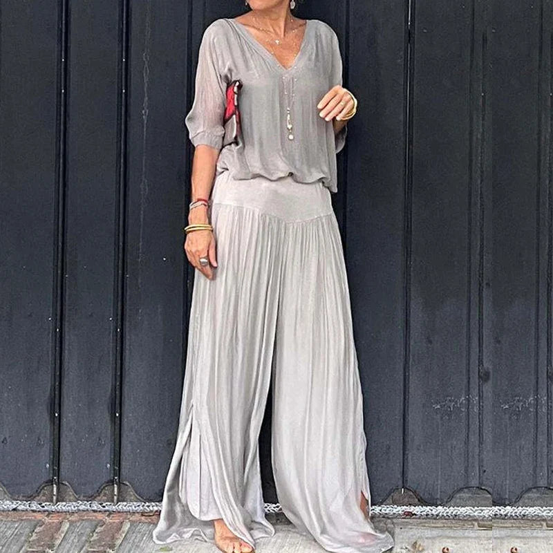 vmtvr Female Casual Solid Loose Chiffon Suit Spring V Neck Backless Top Pullover & Pleated Pants Outfits Summer Half Sleeve Women Sets