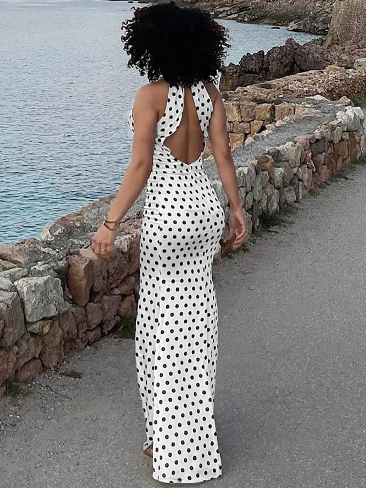 vmtvr Sexy Backless Print Dots Women Maxi Dress White Sleeveless High Waist Halter Dress 2024 Summer Skinny Party Clubwear