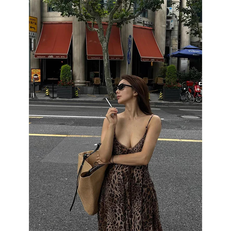 vmtvr  -  Leopard Print Open Back Sling Maxi Dress Women Sexy Off Shoulder Sleeveless Slim Vestidos Female Elegant Vacation Beach Robes