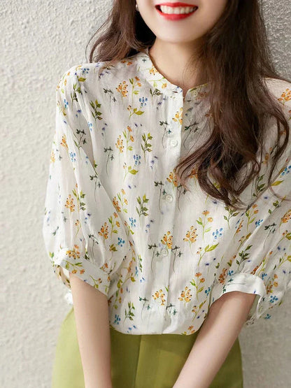 vmtvr Fashion Sweet Women Floral Blouse Japan Beach Elegant Puff Sleeve Top Casual O Neck Buttons Summer Female Casual Shirt New