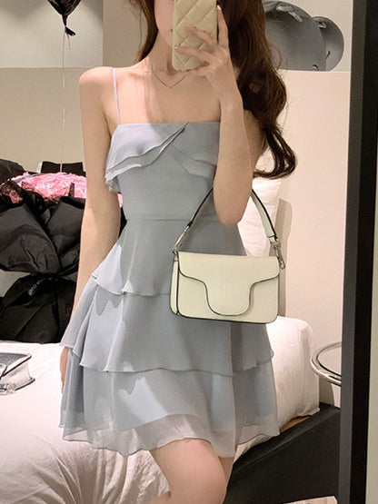 vmtvr 2023 Summer Elegant Formal Mini Dress Women Basic Sleeveless Chiffon Strap Dress Female Y2k Short Party Dress Solid Korean Chic