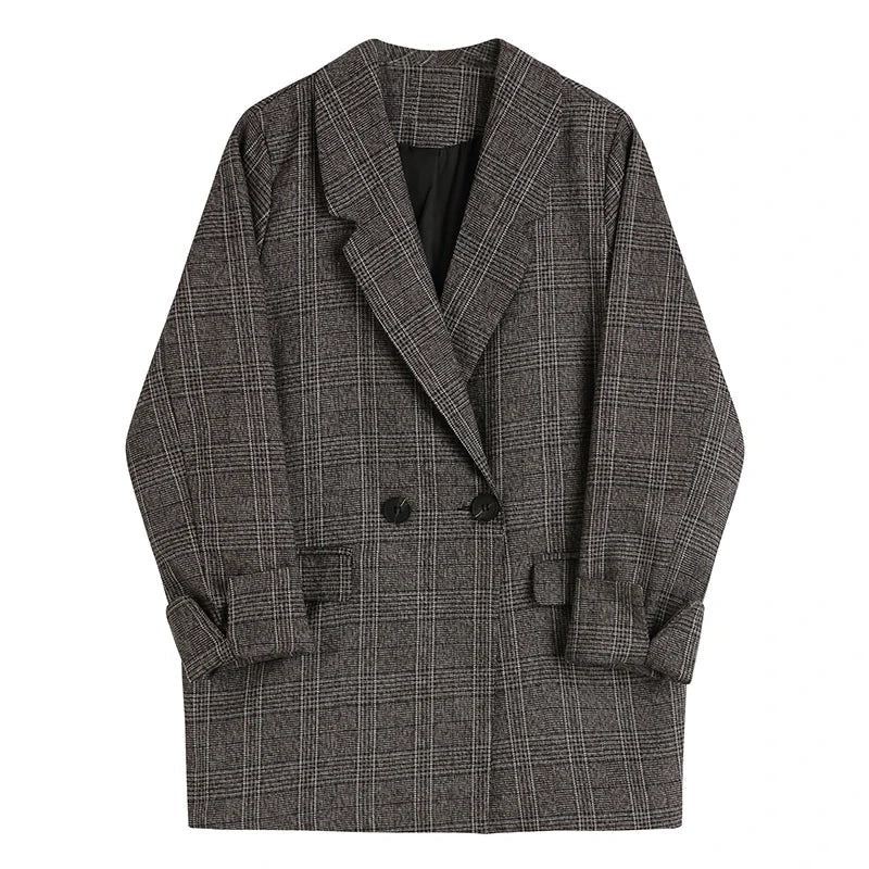 vmtvr Plaid Double Breasted Pockets Formal Jackets Checkered Winter Spring Women's Blazers Outerwear Tops