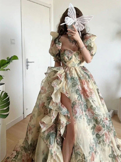 Floral Print Evening Party Dress Women 2024 Puff Sleeve Elegant Princess Long Dres Ladies France Vintage Open Fork Dress Summer