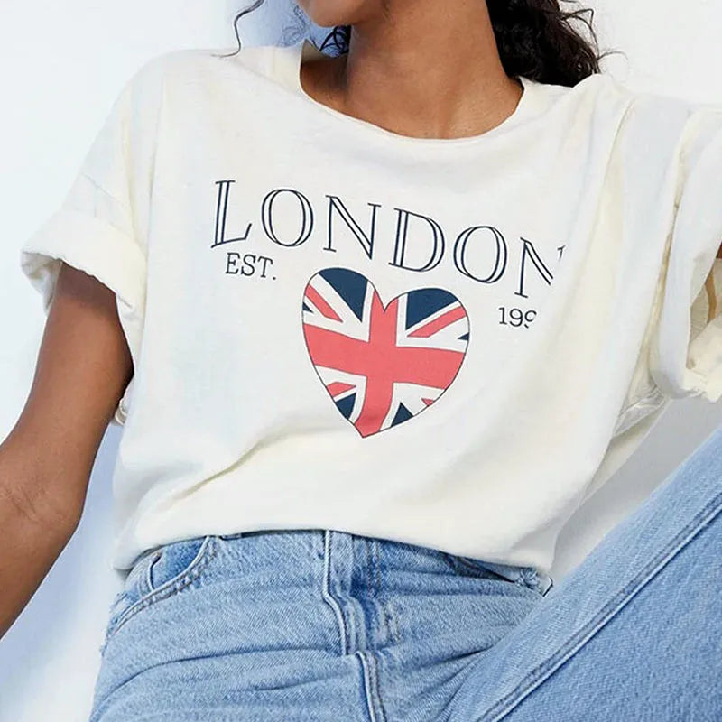 -Retro sports style outfit streetwear 90s fashion I Love London EST 1998 Letters Printing Lady's Retro White T Shirts Short Sleeve Cotton Loose Summer Top 90s Women Casual Tees