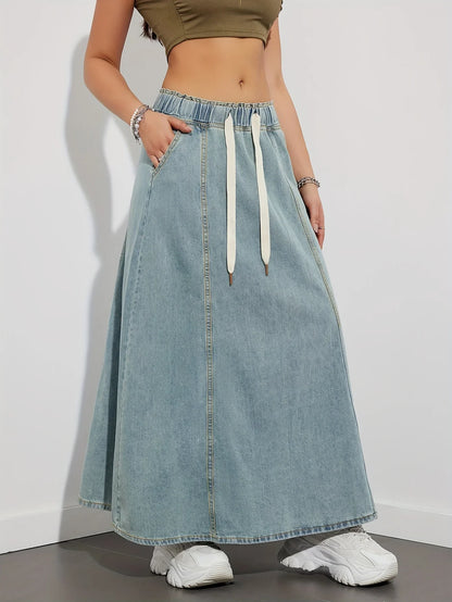vmtvr Chic High Waist Ladies Long Pockets Lace Up Jeans Skirts 2024 Summer Autumn Women Denim Midi A-Line Maxi Skirts