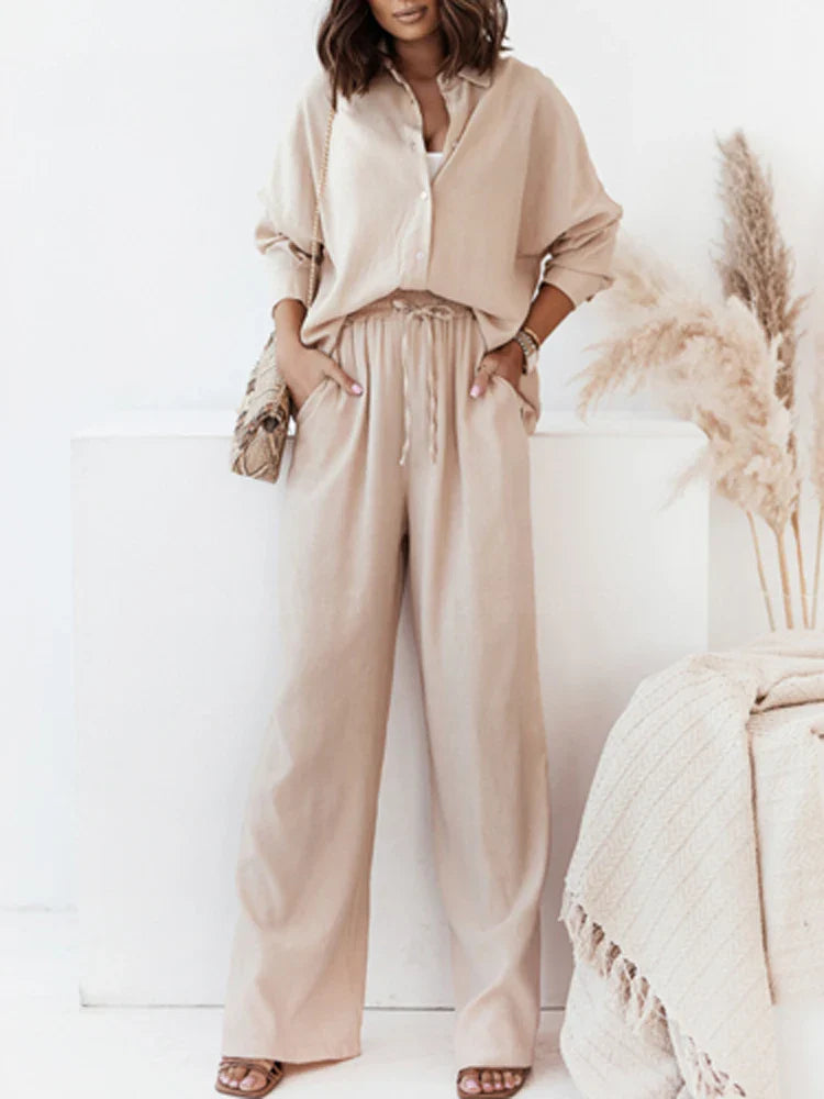 vmtvr Cotton Linen Long Sleeved Temperament Commuter Suit Single Breasted Slit Shirt & Wide Leg Pants Lady 2pc Set Summer Loose Outfit