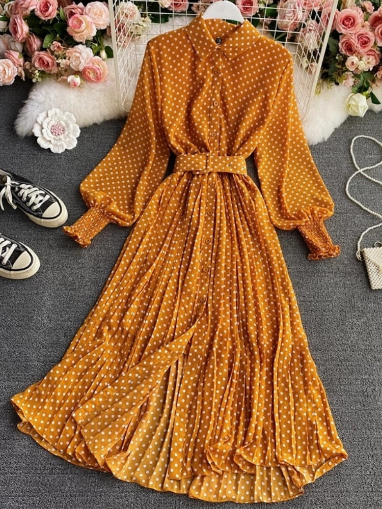 Spring Autumn Women Vintage Maxi Party Dress Long Sleeve Orange Polka Dot Pleated Evening Black Vestidos Femme Fashion Robe New