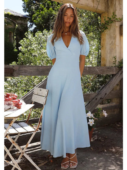 vmtvr  - Off Shoulder Textured Dress Women's Summer Blue Backless Holiday Sundress Elegant Holiday Party Maxi Vestidos Long Dress