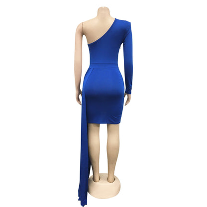 vmtvr Fall Party Dresses For Women 2023 Fashion Royal Blue Single Sleeve Long Strap Accent Mini Dresses Summer Womens Ruched Bodycon Party Dress Sexy Clubwear