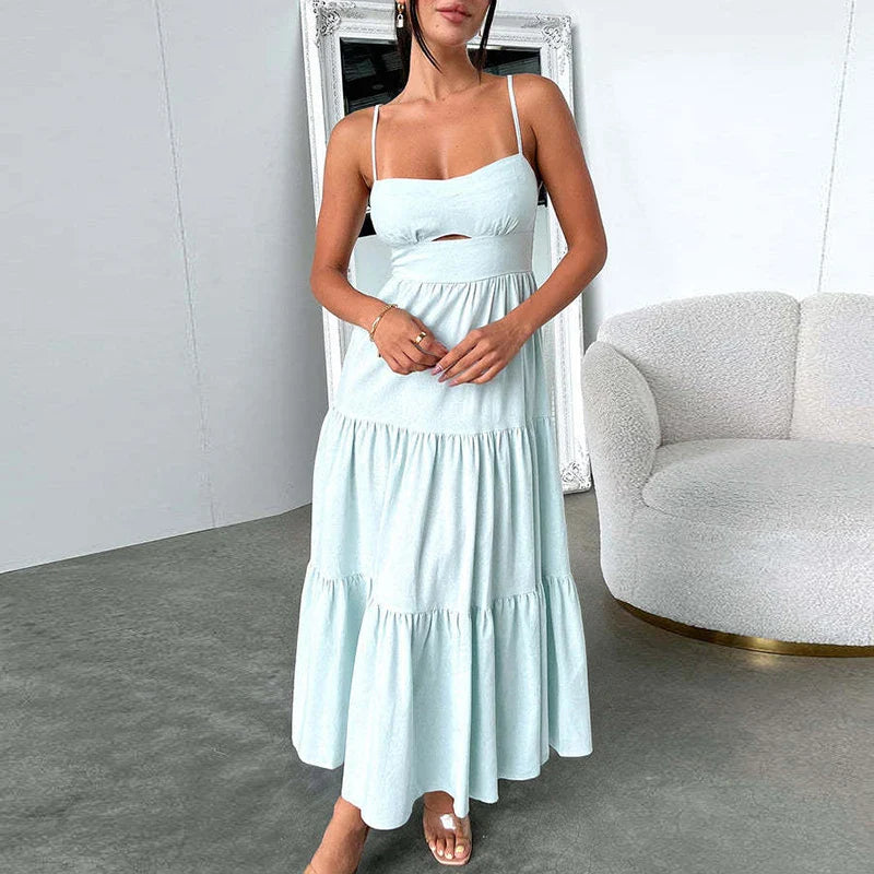 vmtvr Casual High Waist Pleated Beach Dresses Sexy Low Cut Hollow Club Party Dress 2024 Summer Simple Solid Sleeveless Suspender Dress