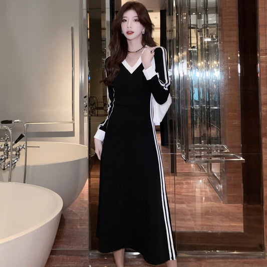 vmtvr French Simple High-end V-neck Long-sleeved Dress Women's 2022 Autumn Winter New Black Solid Waist Dress Street Casual Style