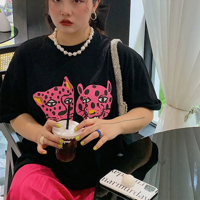 -Retro sports style outfit streetwear 90s fashion Kpop Pink Leopard Printing Women Summer Street Fashion Black T Shirts Short Sleeve Loose Cotton Tops 90s Y2K Tee Shirts