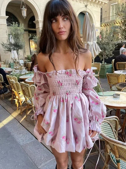 vmtvr   -  Floral Printed Pink Satin Short Summer Dress Women Spring Off Shoulder Boho Party Beach Vestidos Long Sleeve Sundress