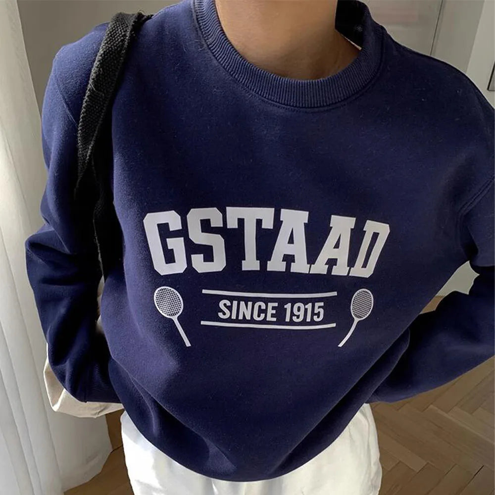 -Retro sports style outfit streetwear 90s fashion Gstaad Since 1915 Vintage Letters Printing Crewneck Sweatshirts Women Autumn Navy Long Sleeve Loose Cotton Thick Warm Pullover