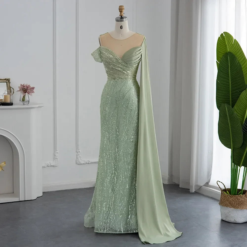 vmtvr  - Green Mermaid Luxury New Evening Dress Shawl Sleeve Formal Prom Dress Sweet and Elegant One Shoulder Party Dress