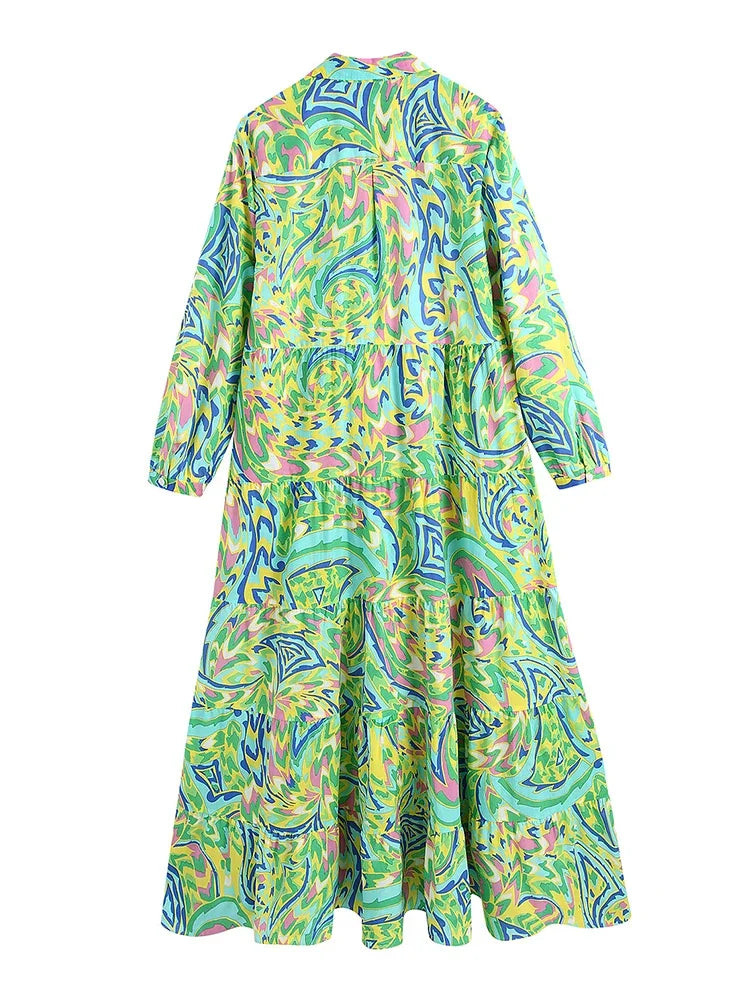 vmtvr  - Paisley Print Shirt Dress Elegant Autumn Spring Green Dress Floral Print Boho Female Maxi Dress Long Sleeve Vestido