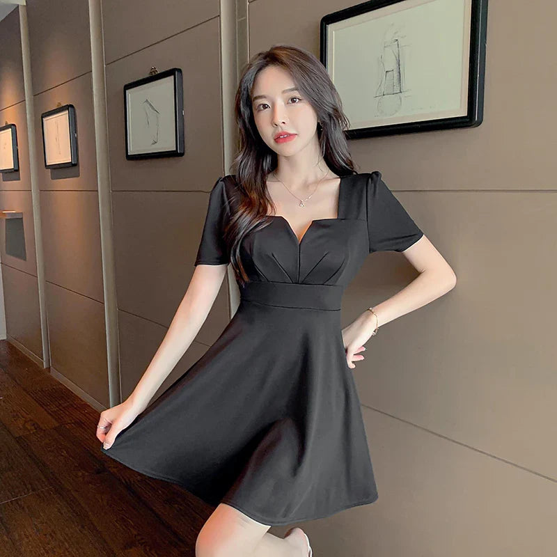 vmtvr High Waist Women Black Dress Summer Fashion Ball Gown Female Mini Dress Korean Elegant Slim Fit A Line Dresses New