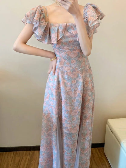 vmtvr  -  outfit ideas Elegant Chiffon Floral Strap Dress for Women Summer Mesh Stitching Strapless Dress Holiday Ladies Vestidos Female Robe