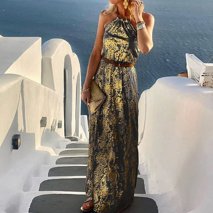 Spring Summer Neck-Mounted Maxi Dress Chic Lady Sleeveless Patchwork Print Dress Women Backless Halter Party Beach Dress Vestido