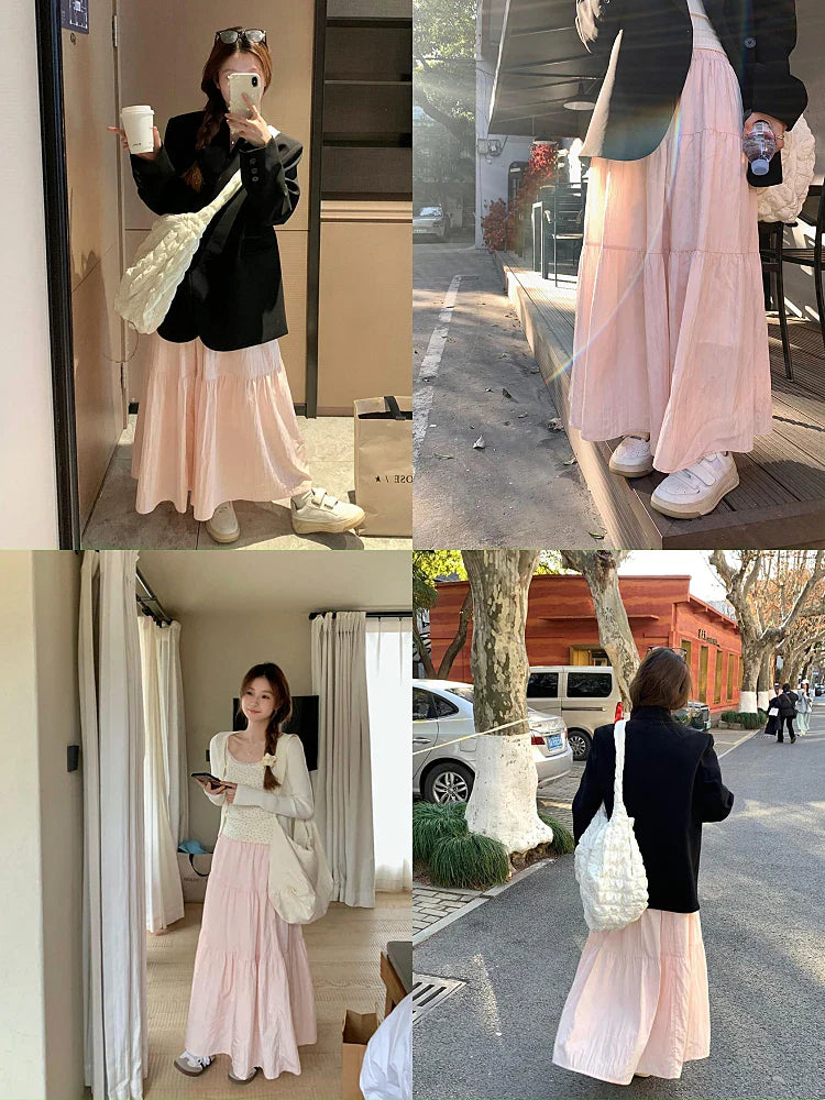 vmtvr Summer Chic Pink Long Skirts for Women 2024 New Elegant A Line Cake Skirt Woman Korean Fashion Casual Midi Skirt