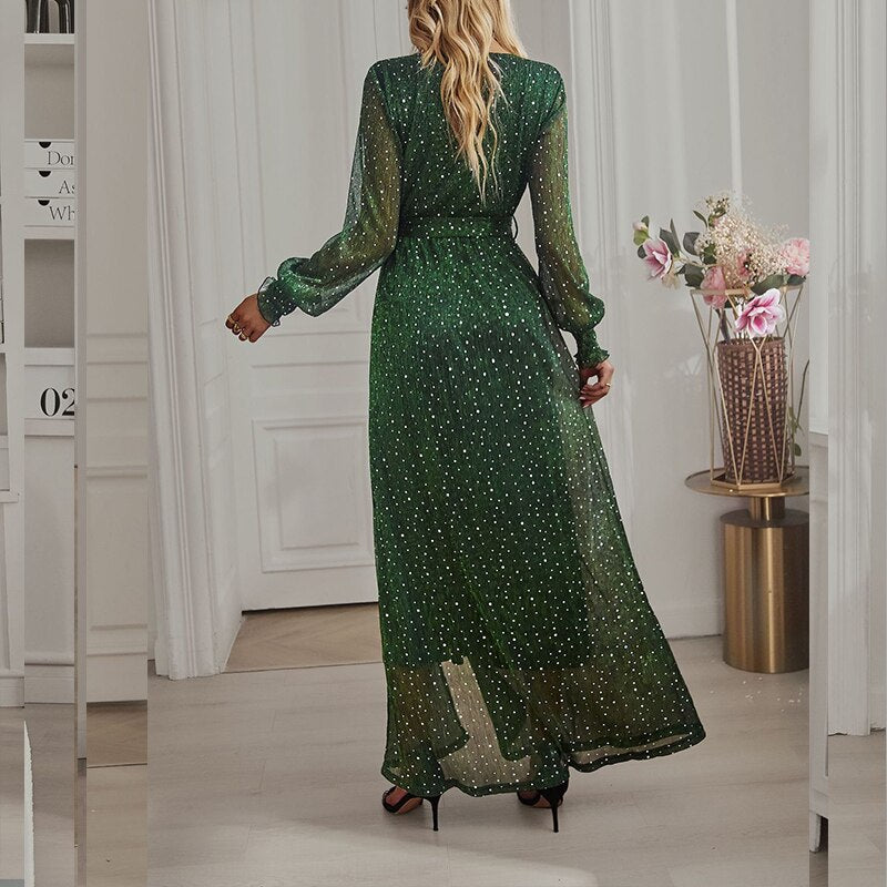 Women's Dresses for Fall Elegant Split hem Dress V-neck Full Sleeve Lace up Mesh Dotted Boho Party Skinny A-line Maxi Dresses