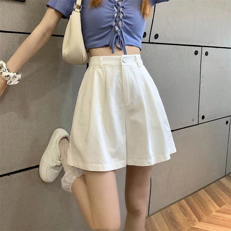 vmtvr Y2K Women High Waist White Shorts Korean Fashion Pleated Wide Leg Pants Summer Casual All Match Female Preppy Style Pants New