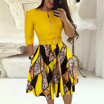 Mini Dresses O-neck Three-quarter Sleeve With Belt A-line Skirt Print Patchwork Party Dress Autumn 2023 Fashion Elegant Vestidos