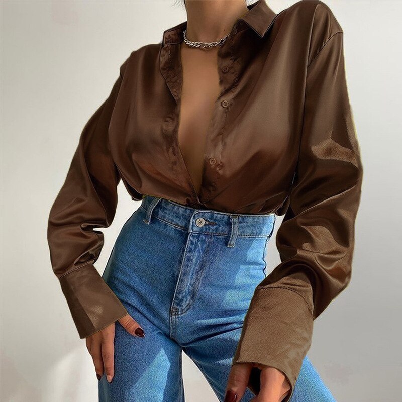 -Fall Outfits Long Sleeve Top Satin Shirts For Women High Street Fashion Solid Turn Down Collar Long Sleeve Tops  New Elegant Spring Office Ladies Shirt