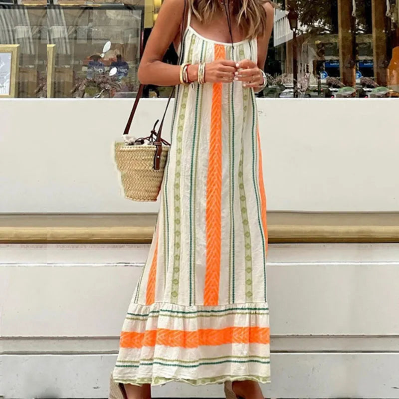 Shdowlass  -  Women Elegant Printed Loose Party Dress Summer Casual U-neck Sleeveless Draped Long Dress Fashion Pleated Spaghetti Strap Dress