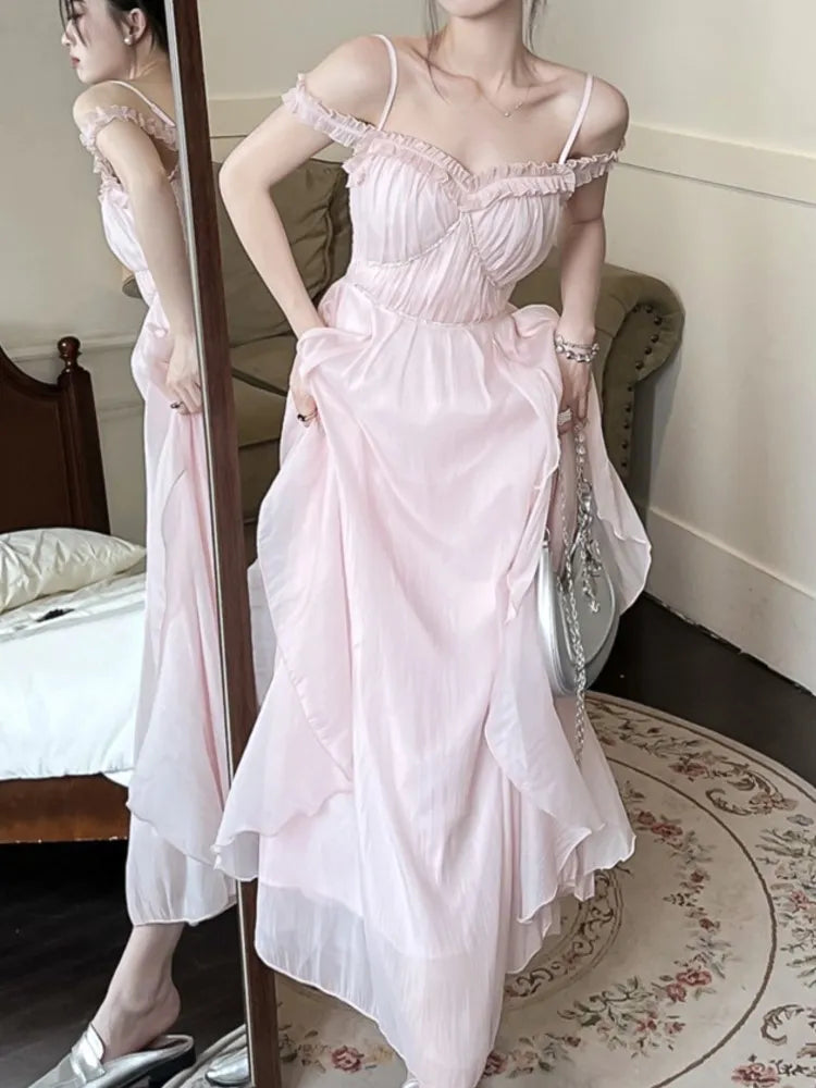 Summer Women Sweet Pink Fairy Chiffon Midi Dress Korean Elegant One-piece A-Line Vestidos Female Clothing Mujers