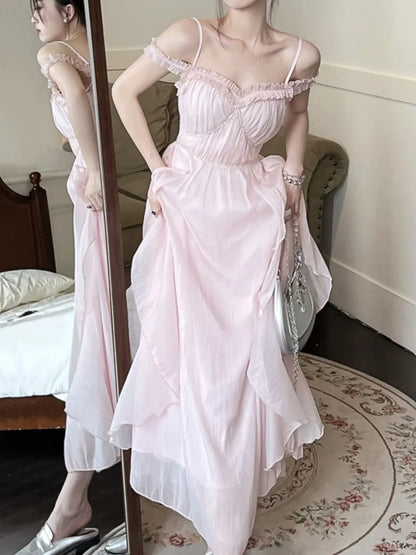 Summer Women Sweet Pink Fairy Chiffon Midi Dress Korean Elegant One-piece A-Line Vestidos Female Clothing Mujers