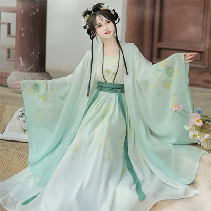 Hanfu Women Chinese Traditional Embroidery Stage Dance Dress Female Fairy Cosplay Costume Hanfu Gradient Blue&Green For Women