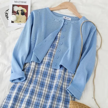 Summer New Matching Sets Sweet Slim Plaid Slip + Solid color long sleeve Cardigan Prairie Chic A-line Two-piece Dress Suits