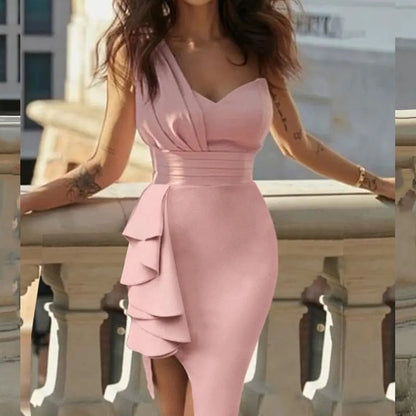 vmtvr Sexy Diagonal Collar Waist Pleated Maxi Dresses Sleeveless Off Shoulder Asymmetrical Prom Dress Women Elegant Dress Dinner Party