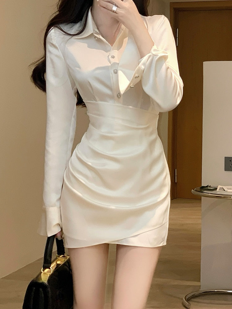 vmtvr - Elegant Shirt Dress Women Casual Long Sleeve Y2k Mini Dress Even Party Female Pure Color Autumn One Piece Dress Korean Chic