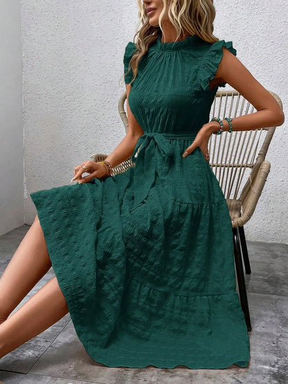 vmtvr  -  Ladies summer new fashion ruffled flying sleeves lace-up textured dress Office Lady dress