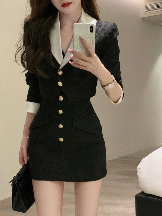 vmtvr Black Y2k Mini Skirt Set Women Casual Korean 2 Piece Dress Set Crop Tops Jacket Tops + Short Skirts Elegant Suit Autumn New